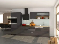 Held Möbel Küchenzeile Mailand 330 cm Grau Hochglanz-Grau Matt mit E-Geräten