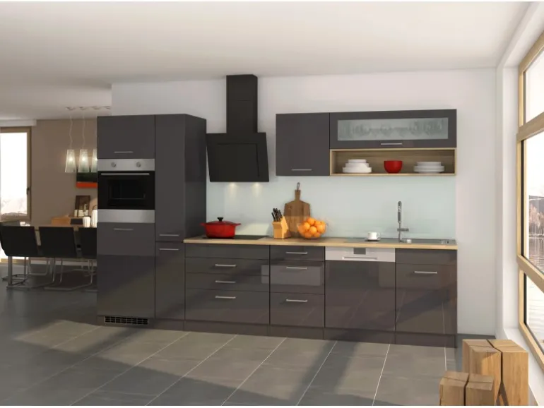 Held Möbel Küchenzeile Mailand 330 cm Grau Hochglanz-Grau Matt mit E-Geräten