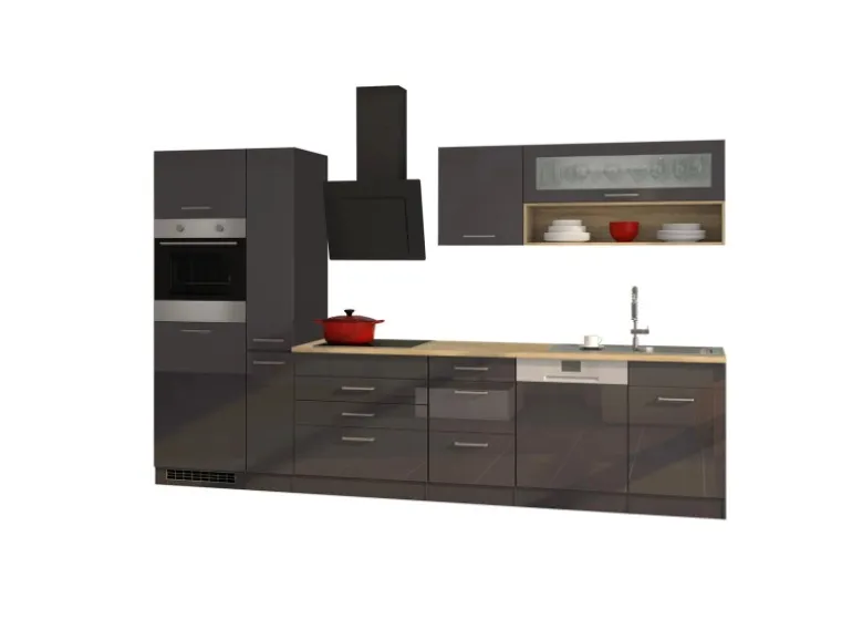 Held Möbel Küchenzeile Mailand 330 cm Grau Hochglanz-Grau Matt mit E-Geräten