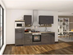 Held Möbel Küchenzeile Mailand 270 cm Grau Hochglanz-Grau Matt mit E-Geräten