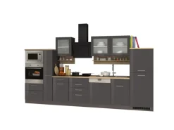 Held Möbel Küchenzeile Mailand 370 cm Grau Hochglanz-Grau Matt mit E-Geräten