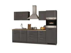 Held Möbel Küchenzeile Mailand 290 cm Grau Hochglanz-Grau Matt mit E-Geräten