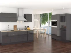 Held Möbel Küchenzeile Mailand 380 cm Grau Hochglanz-Grau Matt mit E-Geräten