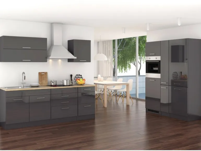 Held Möbel Küchenzeile Mailand 380 cm Grau Hochglanz-Grau Matt mit E-Geräten