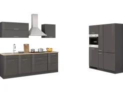 Held Möbel Küchenzeile Mailand 380 cm Grau Hochglanz-Grau Matt mit E-Geräten