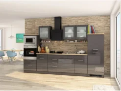 Held Möbel Küchenzeile Mailand 330 cm Grau Hochglanz-Grau Matt mit E-Geräten