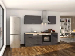 Held Möbel Küchenzeile Mailand 220 cm Grau Hochglanz-Grau Matt mit E-Geräten