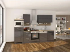 Held Möbel Küchenzeile Mailand 280 cm Grau Hochglanz-Grau Matt mit E-Geräten