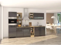 Held Möbel Küchenzeile Mailand 300 cm Grau Hochglanz-Grau Matt mit E-Geräten