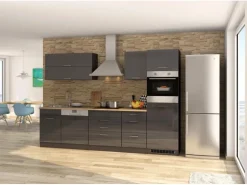 Held Möbel Küchenzeile Mailand 300 cm Grau Hochglanz-Grau Matt ohne E-Geräte