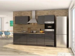 Held Möbel Küchenzeile Mailand 290 cm Grau Hochglanz-Grau Matt mit E-Geräten