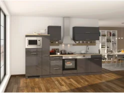 Held Möbel Küchenzeile Mailand 310 cm Grau Hochglanz-Grau Matt mit E-Geräten