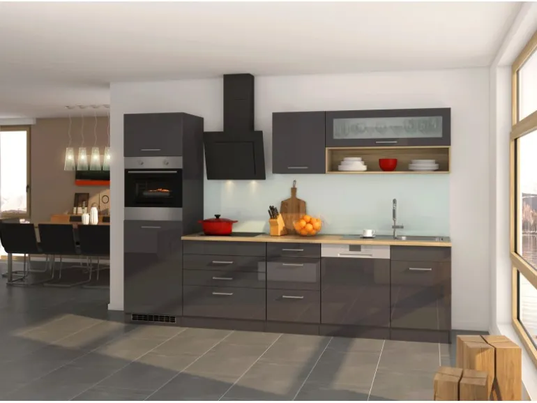 Held Möbel Küchenzeile Mailand 300 cm Grau Hochglanz-Grau Matt ohne E-Geräte