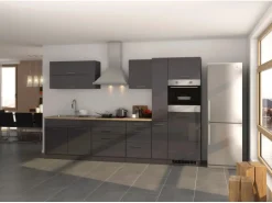 Held Möbel Küchenzeile Mailand 320 cm Grau Hochglanz-Grau Matt mit E-Geräten