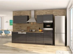 Held Möbel Küchenzeile Mailand 300 cm Grau Hochglanz-Grau Matt ohne E-Geräte