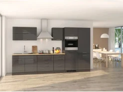 Held Möbel Küchenzeile Mailand 350 cm Grau Hochglanz-Grau Matt mit E-Geräten