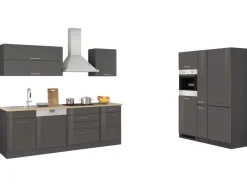 Held Möbel Küchenzeile Mailand 390 cm Grau Hochglanz-Grau Matt mit E-Geräten