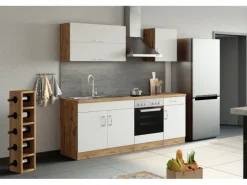 Held Möbel Küchenzeile Sorrento 210 cm Weiß-Wotaneiche ohne E-Geräte