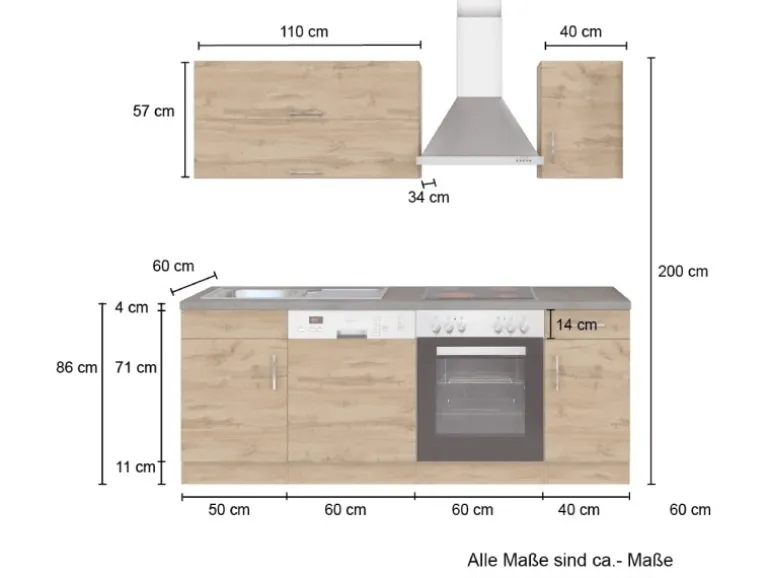 Held Möbel Küchenzeile Sorrento 210 cm Anthrazit-Wotaneiche