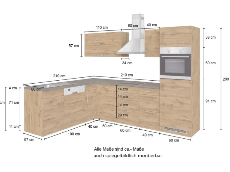 Held Möbel Küchenzeile Sorrento 210/270 cm Wotaneiche-Grafit Winkel