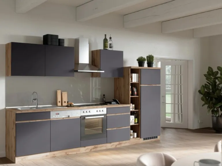 Held Möbel Küchenzeile Turin 330 cm Graphit-Wotaneiche ohne E-Geräte