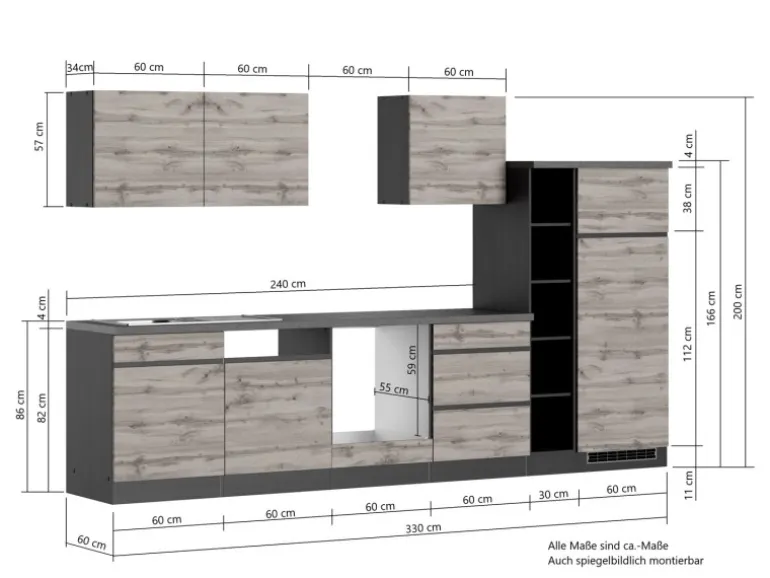 Held Möbel Küchenzeile Turin 330 cm Graphit-Wotaneiche ohne E-Geräte
