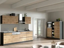 Held Möbel Küchenzeile Turin 390 cm Wotaneiche-Graphit mit E-Geräten