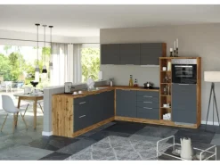 Held Möbel Winkelküche 240 cm - 270 cm Matt Grau-Wotaneiche ohne E-Geräte