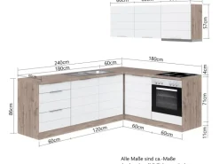 Held Möbel Winkelküche 240 cm - 180 cm Matt Grau-Wotaneiche ohne E-Geräte