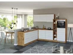 Held Möbel Winkelküche 240 cm - 270 cm Matt Weiß-Wotaneiche ohne E-Geräte