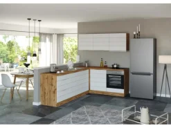 Held Möbel Winkelküche 240 cm - 180 cm Matt Weiß-Wotaneiche ohne E-Geräte