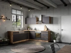 Held Möbel Winkelküche Turin 240 x 240 cm Graphit-Wotaneiche ohne E-Geräte