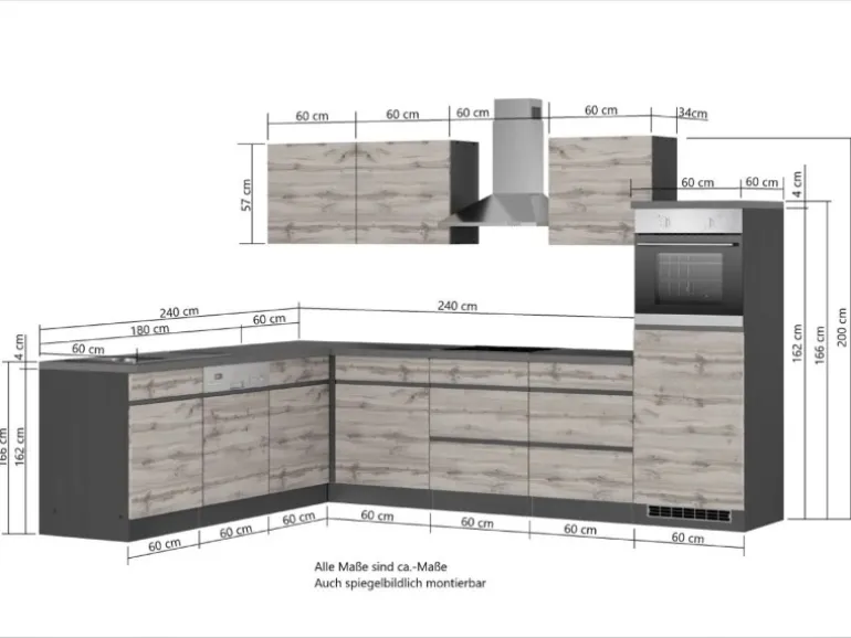Held Möbel Winkelküche Turin 300 x 240 cm Graphit-Wotaneiche mit E-Geräten