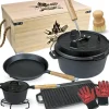 holz4home Dutch Oven Set 9teilig in Holzkiste 3,6L Feuertopf Viel Zubehör Kleiner Topf, Grillplatte, Pfanne, Handschuhe
