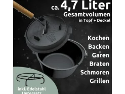 holz4home Dutch Oven Set 9teilig in Holzkiste 3,6L Feuertopf Viel Zubehör Kleiner Topf, Grillplatte, Pfanne, Handschuhe