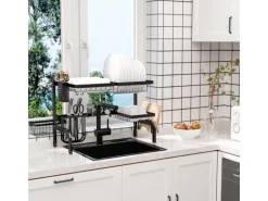 HOMCOM Abtropfgestell Geschirr  2-Stufig 51-93 cm mit Haken Stahl Schwarz