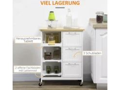 HOMCOM Küchenwagen mit 3 Schubladen & 3 Ebenen Arbeitsplatte Weiß  67 x 37 x 85 cm