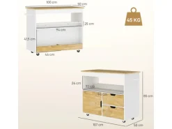 HOMCOM Küchenwagen Spanplatte Gummiholz Eiche 107L x 50B x 85H cm