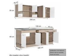 Homestyle4u Küchenzeile ohne Geräte 200 cm Eiche Matt 2356