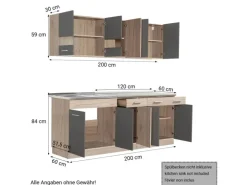 Homestyle4u Küchenzeile ohne Geräte  200x206,5x60 cm in Anthrazit 2357