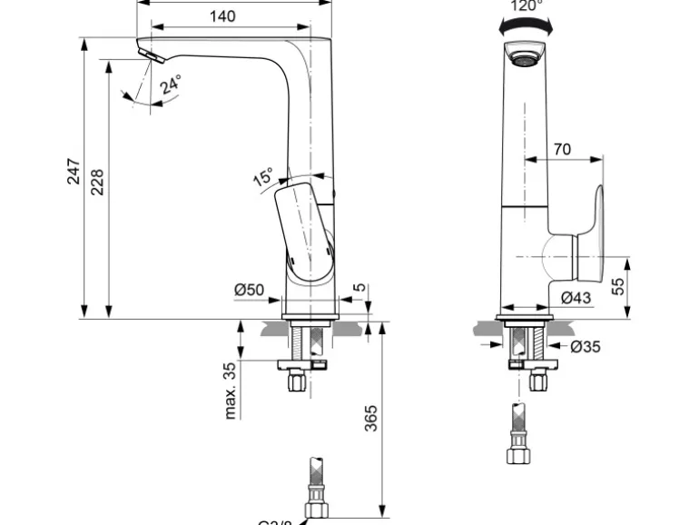 Ideal Standard WT-Armatur Connect Air mit hohem Auslauf o. Ablaufg. Silver Storm