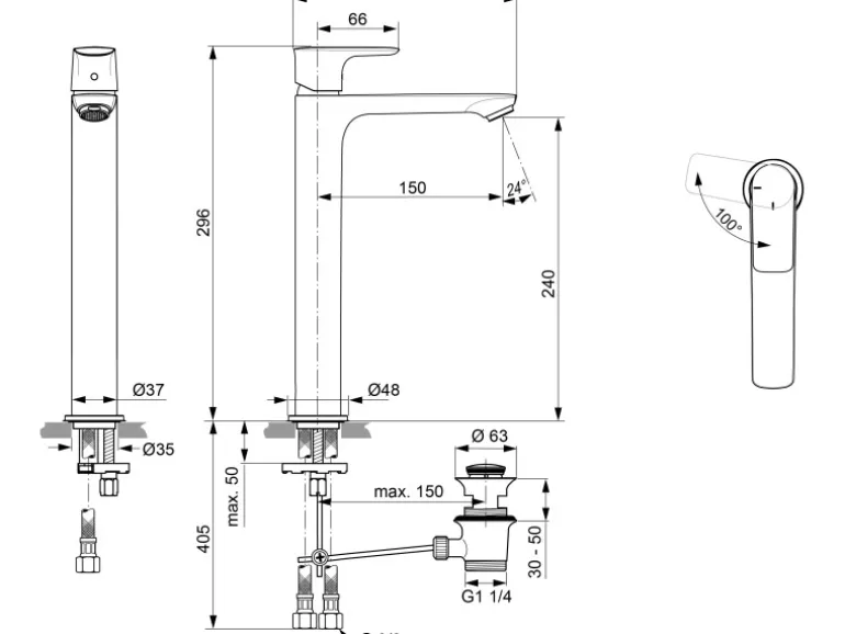 Ideal Standard WT-Armatur Connect Air Slim BlueStart verl. Sockel Brushed Gold