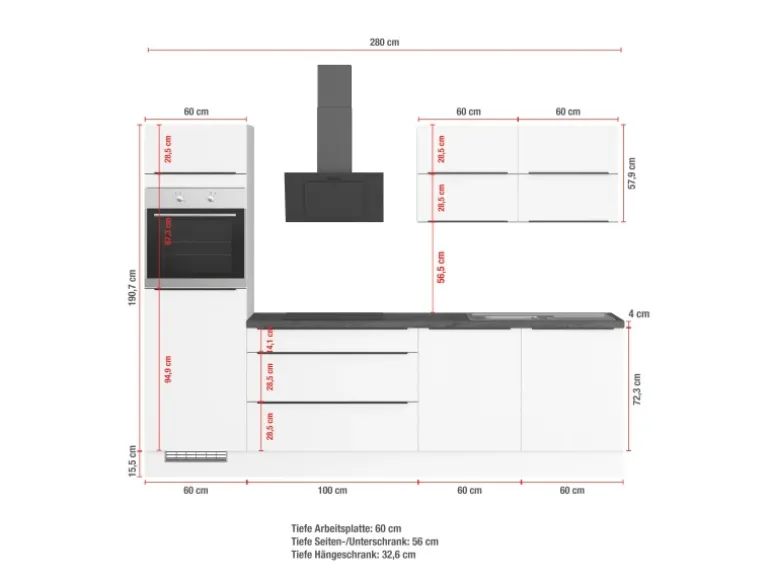 Impuls Küchen Küchenzeile IBZ42807L 280 cm Grafit ohne E-Geräte