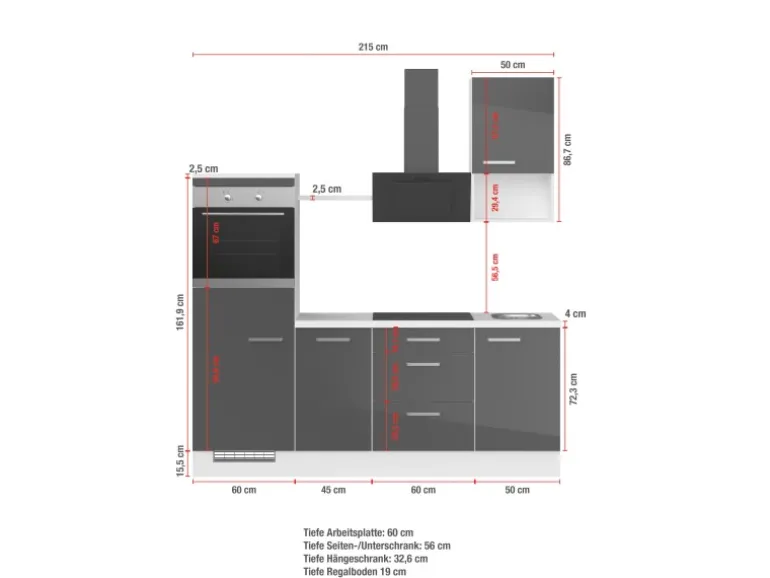 Impuls Küchen Küchenzeile IKZ1215R4 215 cm Weiß Hochglanz mit E-Geräten