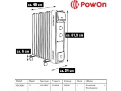 PowOn Ölradiator 1000-2500 Watt 11 Rippen mit Wäschetrockner & Luftbefeuchter