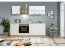 Respekta Economy Küchenzeile KB210ESWSC 210 cm Weiß-Eiche Sägerau Glänzend