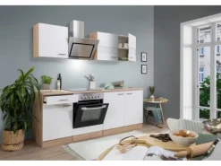 Respekta Economy Küchenzeile KB210ESWSC 210 cm Weiß-Eiche Sägerau Glänzend