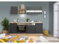 Respekta Economy Küchenzeile KB220ESGSC 220 cm Grau-Eiche Sägerau Glänzend