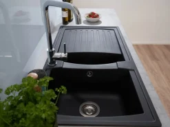 Respekta Einbauspüle Mineralite Boston mit Restebecken 100 cm x 50 cm Schwarz