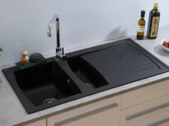 Respekta Einbauspüle Mineralite Boston mit Restebecken 100 cm x 50 cm Schwarz